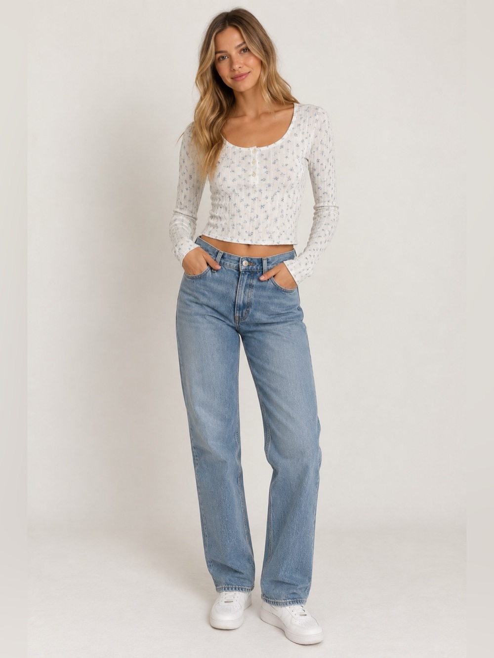 Brandy Melville Floral Ribbed Henley Top White Blue 100% Cotton